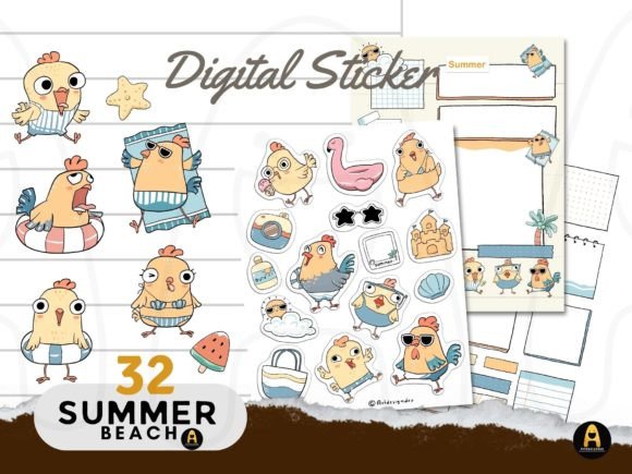 Chicken and Summer Beach Digital Sticker Pack